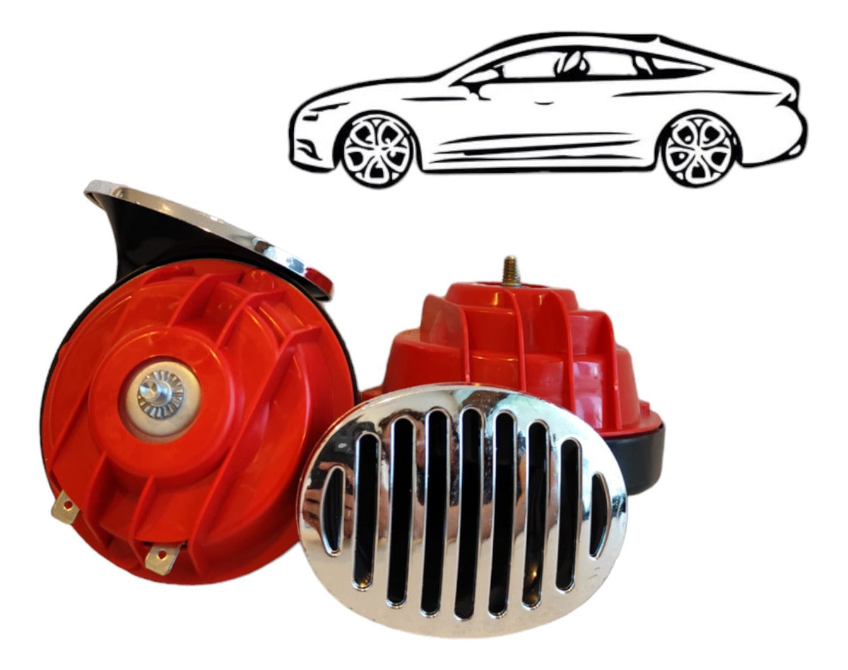 2 Bocinas Claxon Caracol Rejilla Rojas Universales Auto
