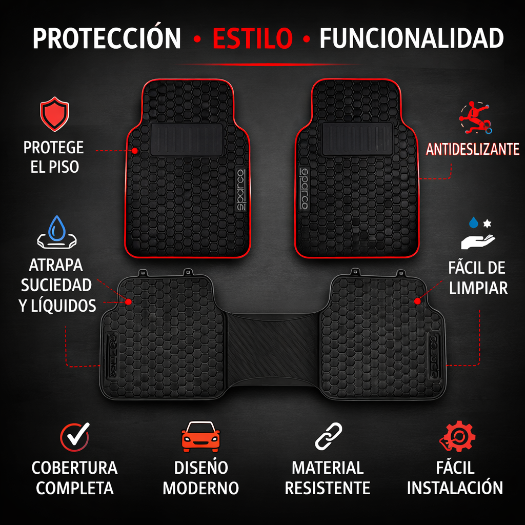 Tapete Alfombra Sparco 3 Piezas Negro Con Franjas Rojas