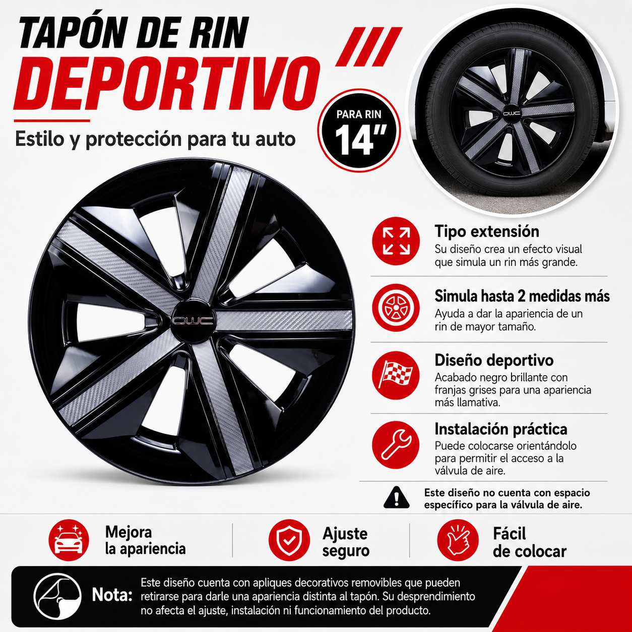 4 Tapones Polveras Llanta Extensión Negro Con Gris Rin 14