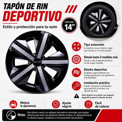 4 Tapones Polveras Llanta Extensión Negro Con Gris Rin 14