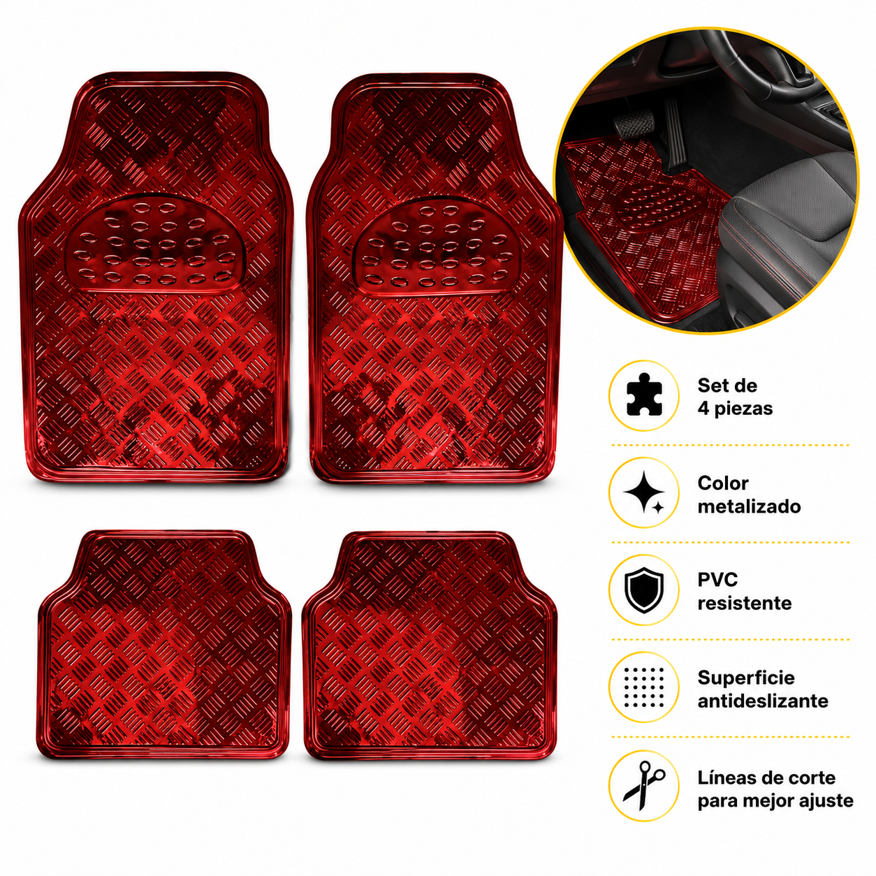 Tapete 4 Piezas Metalizado Color Rojo Deportivo Uso Rudo