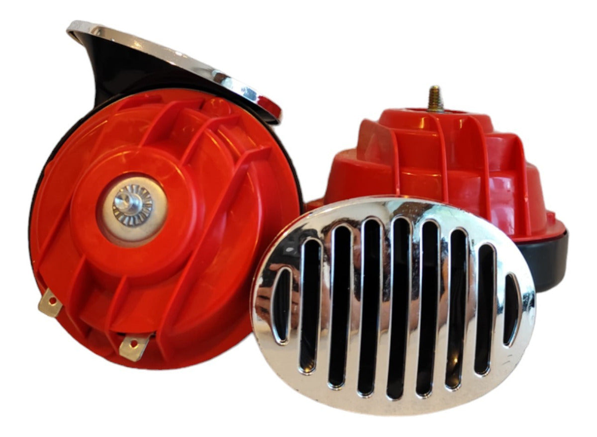 2 Bocinas Claxon Caracol Rejilla Rojas Universales Auto