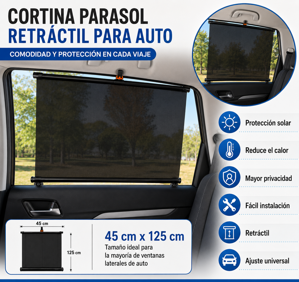 Cortina Retráctil Polarizado Parasol Para Coche 45*125 CM