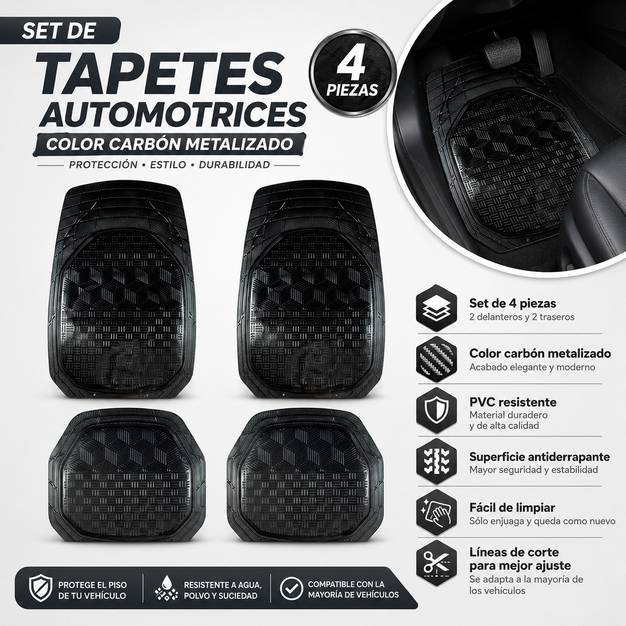 Tapete Uso Rudo De Charola Grecia Carbon Matte 4 Pzs