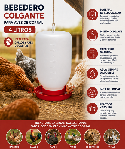 1 Bebedero Colgante 4 Litros Para Gallo Aves Pollo Colibri