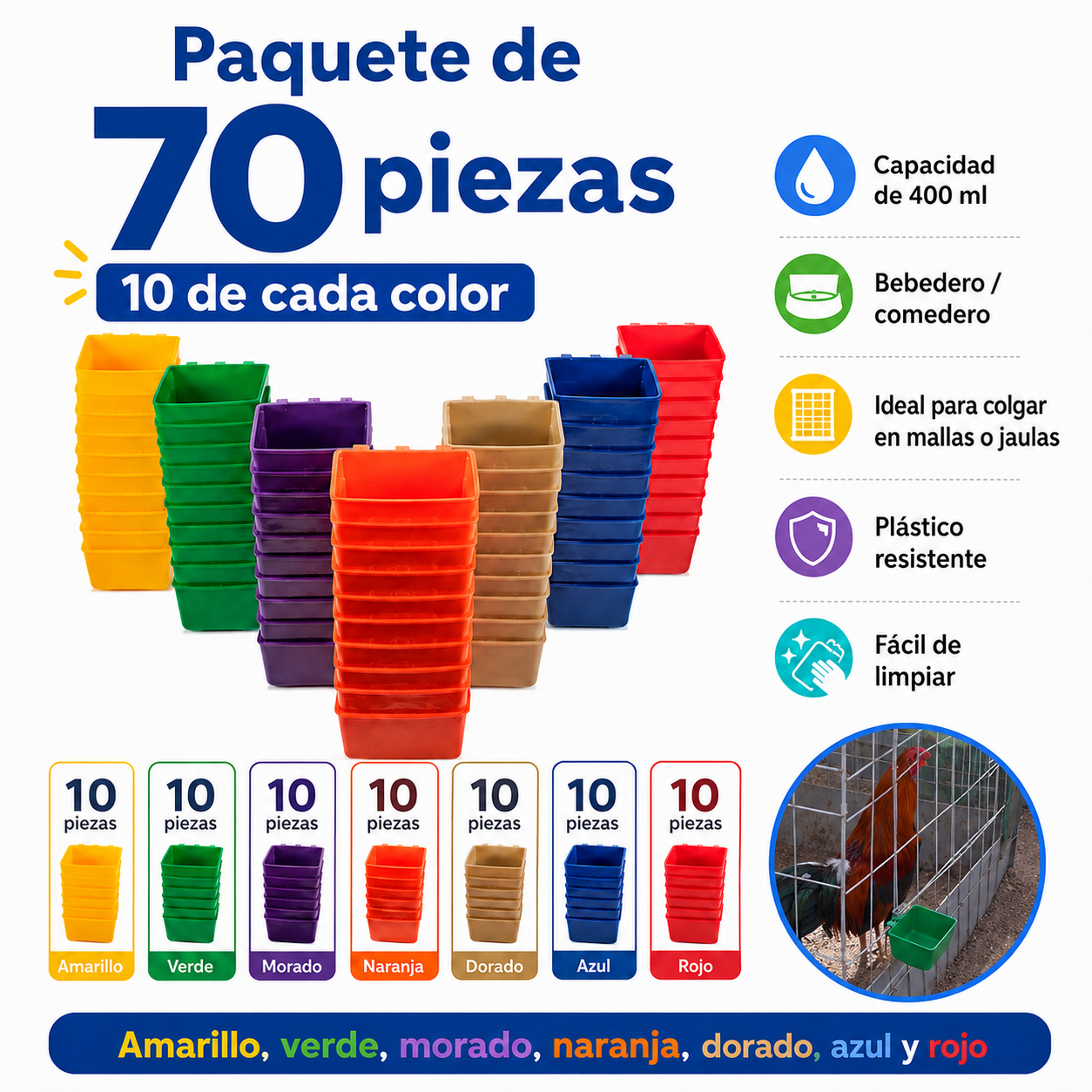70 Bebederos Comederos Cuadrados 10 De Cada Color