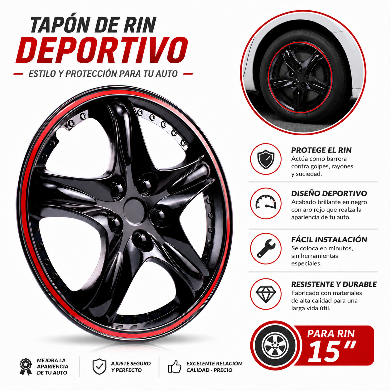 Tapones Optimus Negro-rojo Rin 15 Audi Dodge Ford Kia Isuzu