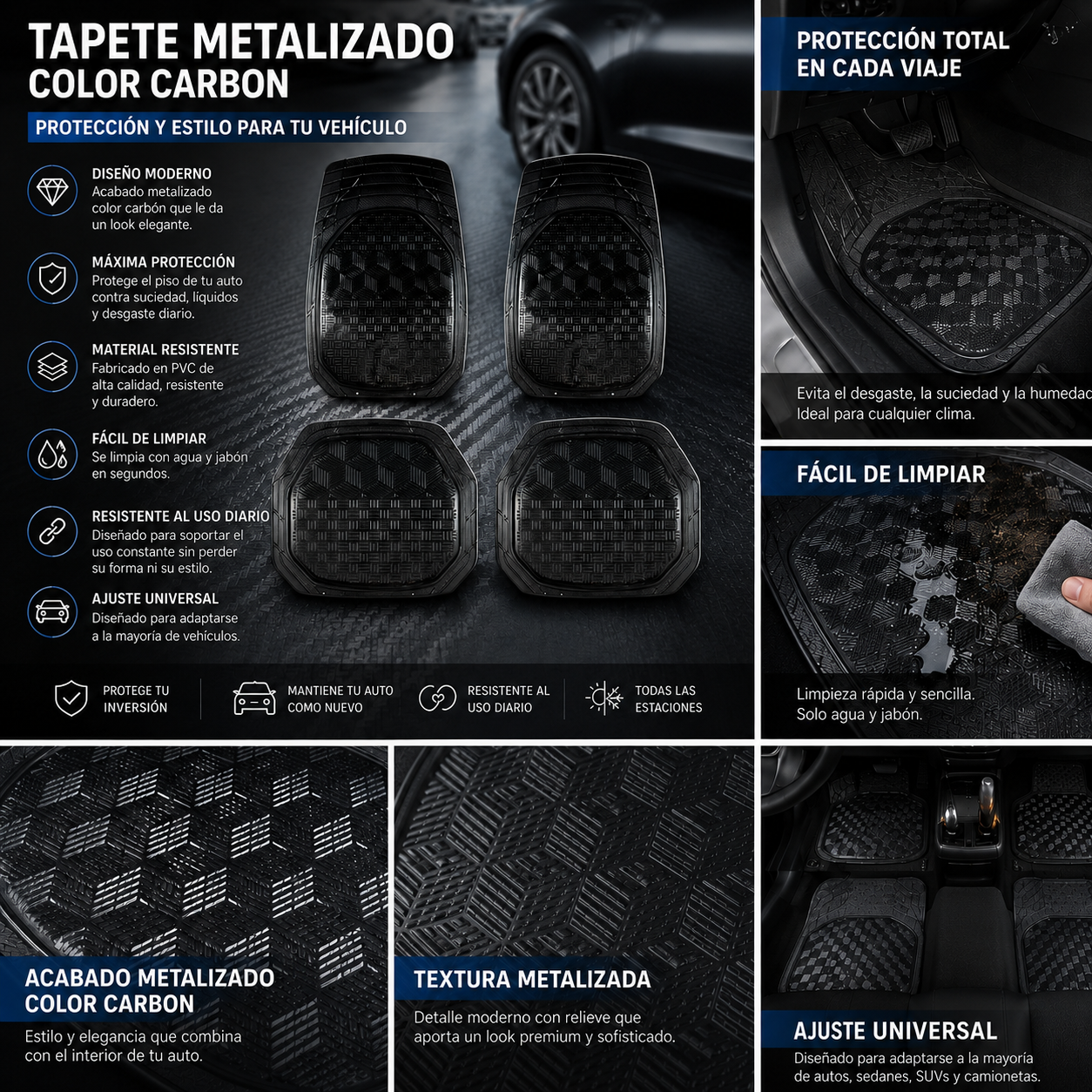 Tapete Uso Rudo De Charola Grecia Carbon Matte 4 Pzs