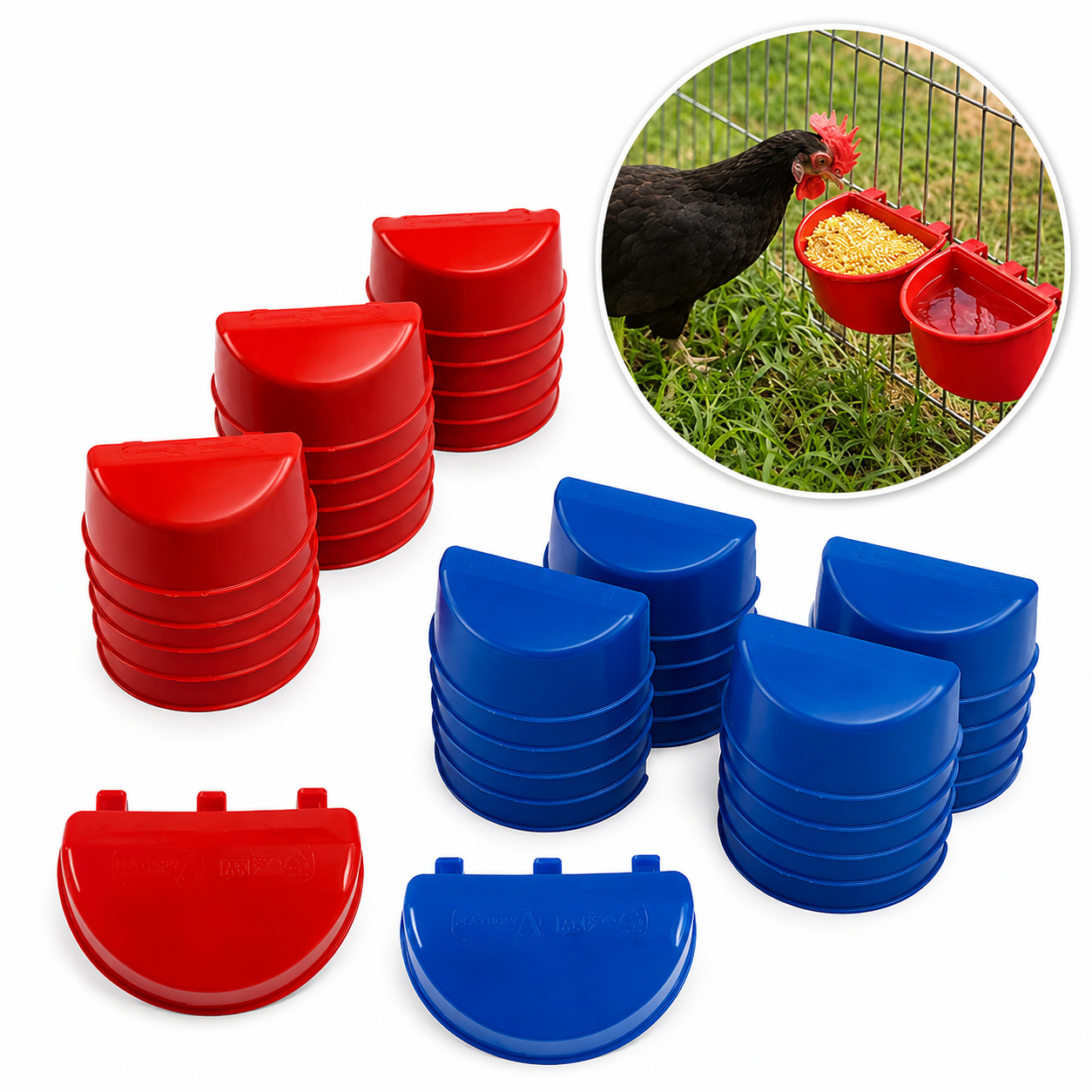 50 Bebederos Comederos Para Gallo Media Luna Rojo Y Azul