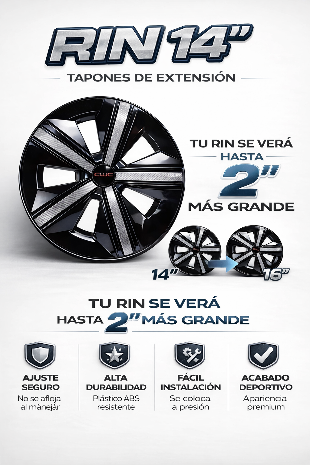4 Tapones Polveras Llanta Extensión Negro Con Gris Rin 14