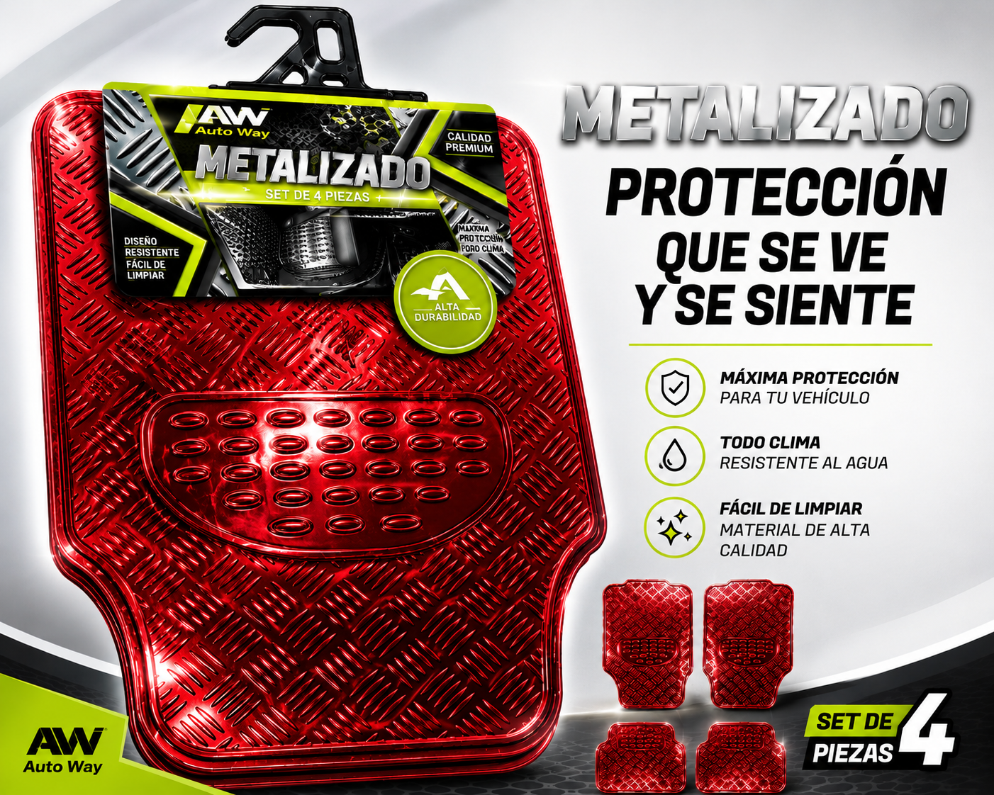 Tapete 4 Piezas Metalizado Color Rojo Deportivo Uso Rudo
