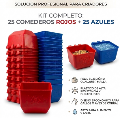 50 Bebederos Comederos Cuadrados 25 Rojos Y 25 Azules