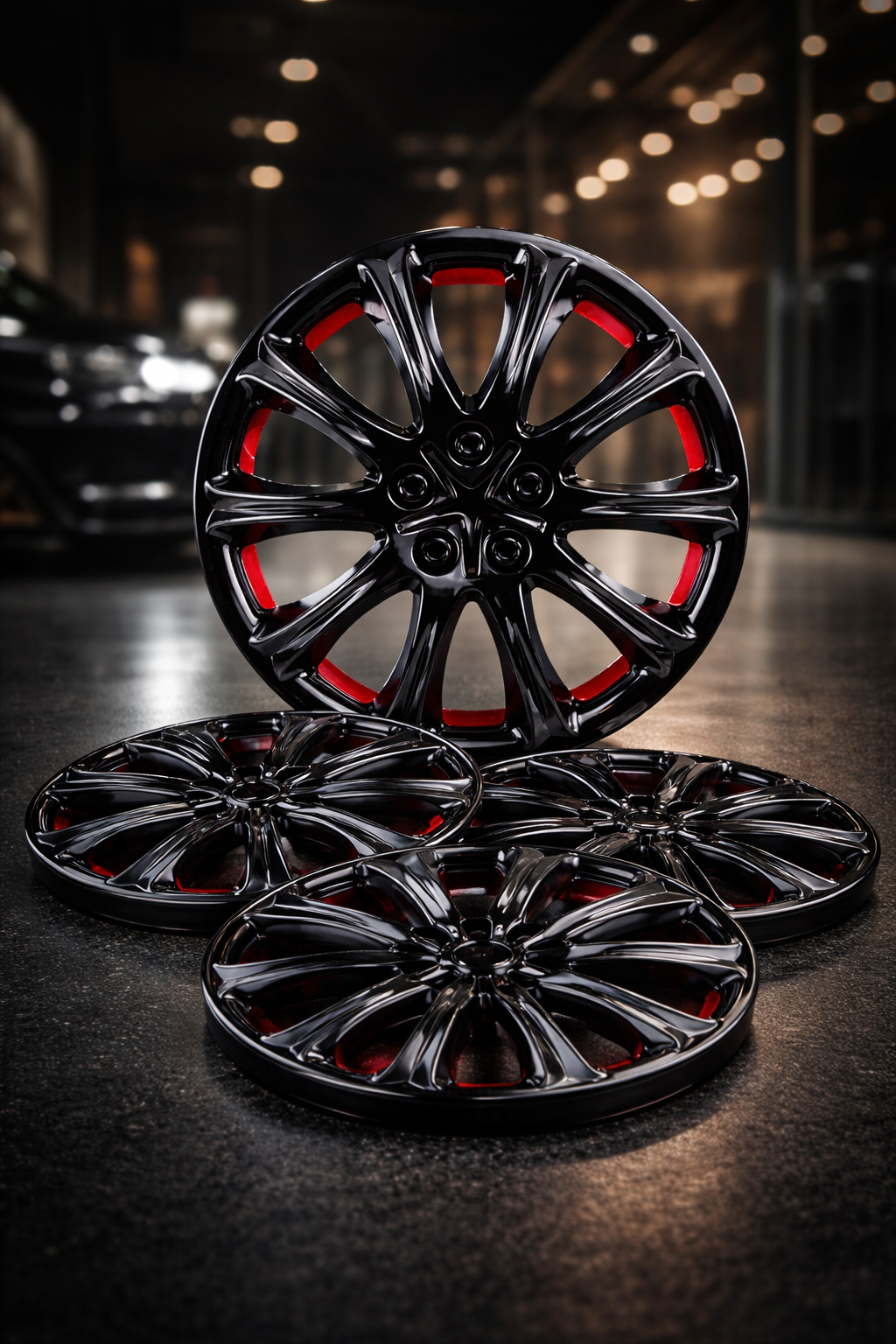 Tapones Polveras Rin 13 Negro Brillante Con Rojo Naranja Owc