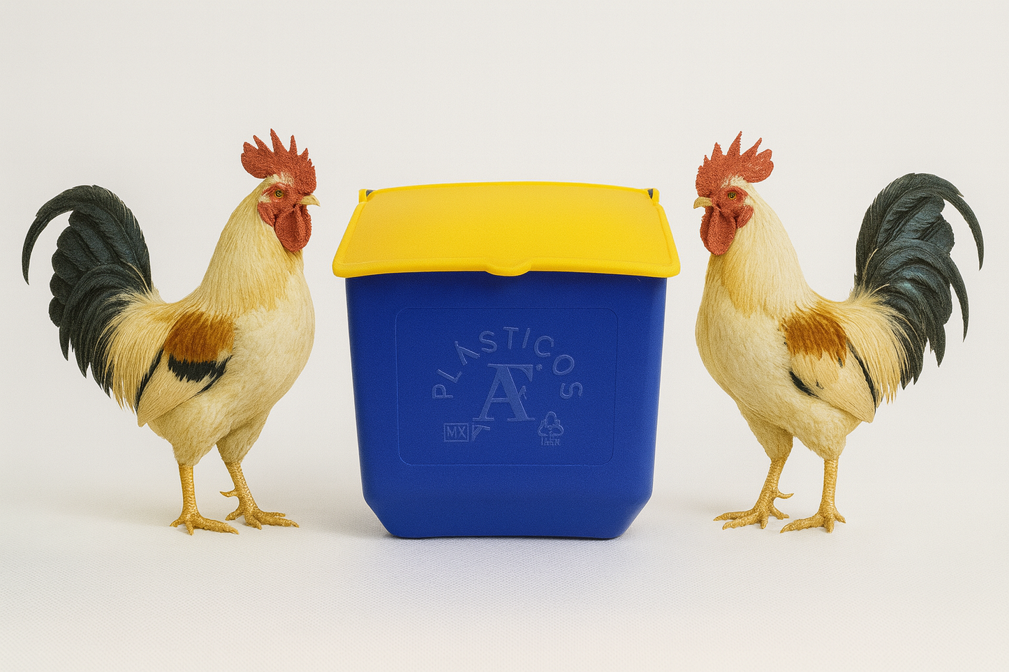 50 Comederos Cuadrados Azul Tapa Amarilla Gallos 300g