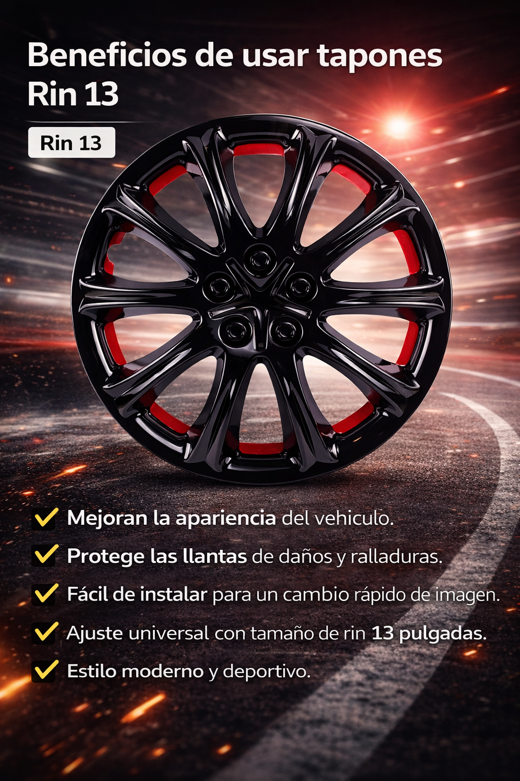 Tapones Polveras Rin 13 Negro Brillante Con Rojo Naranja Owc